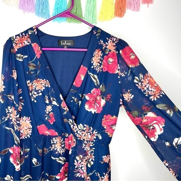 Lulus Pretty Pretender Navy Floral Print Long Sleeve Faux Wrap Dress Size Medium - Picture 8 of 17